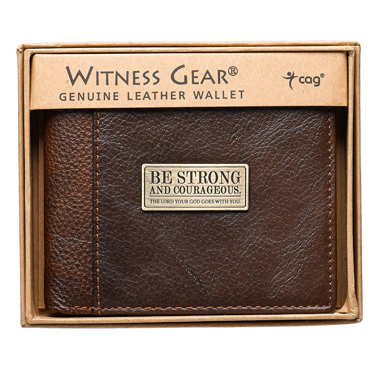 Leather Wallet: Be Strong and Courageous, Brown, Bi-Fold, Zipper Coin Pocket, Rfid-blocking, Gift Boxed