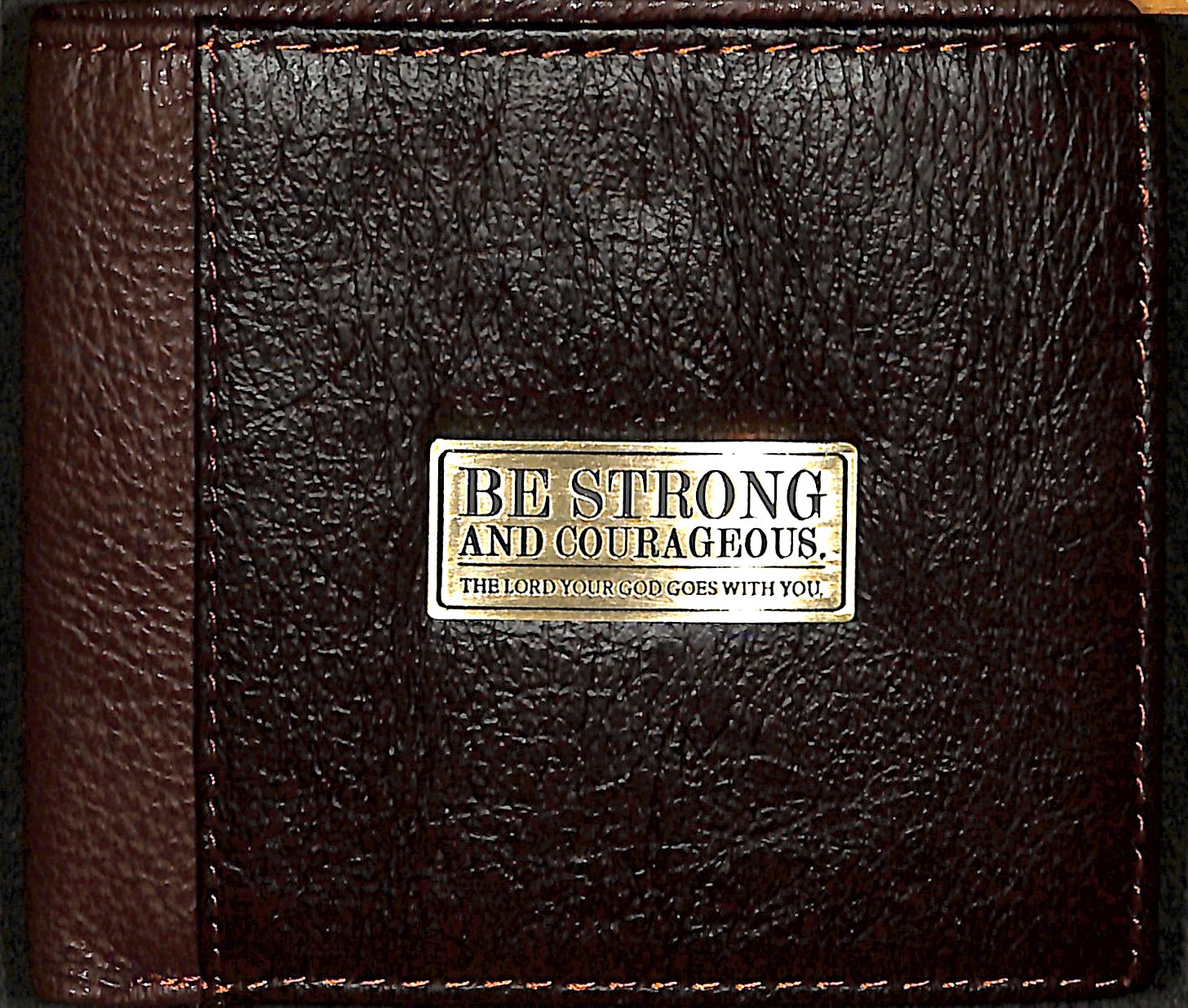 Leather Wallet: Be Strong and Courageous, Brown, Bi-Fold, Zipper Coin Pocket, Rfid-blocking, Gift Boxed