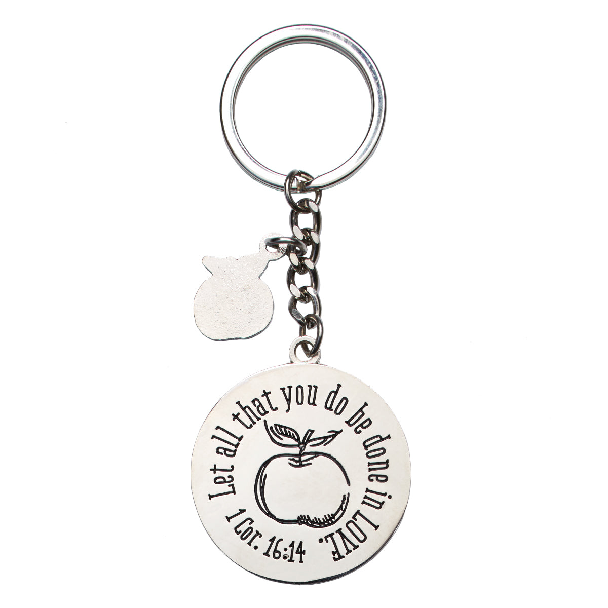 Metal Keyring in Tin: Blue, Apple, Let All That You Do Be Done in Love