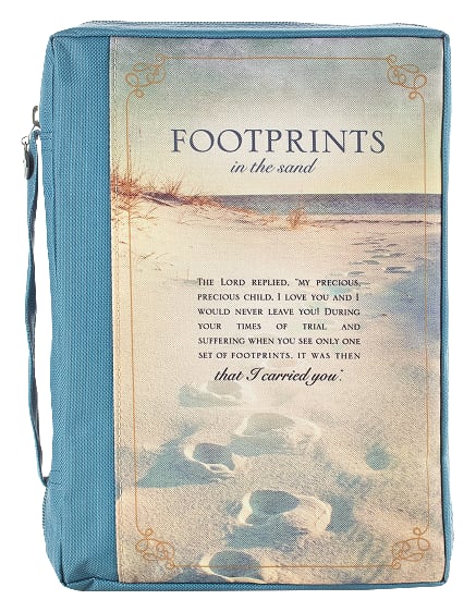 Bible Cover Polyester Large: Footprints in the Sand, Navy/Picture