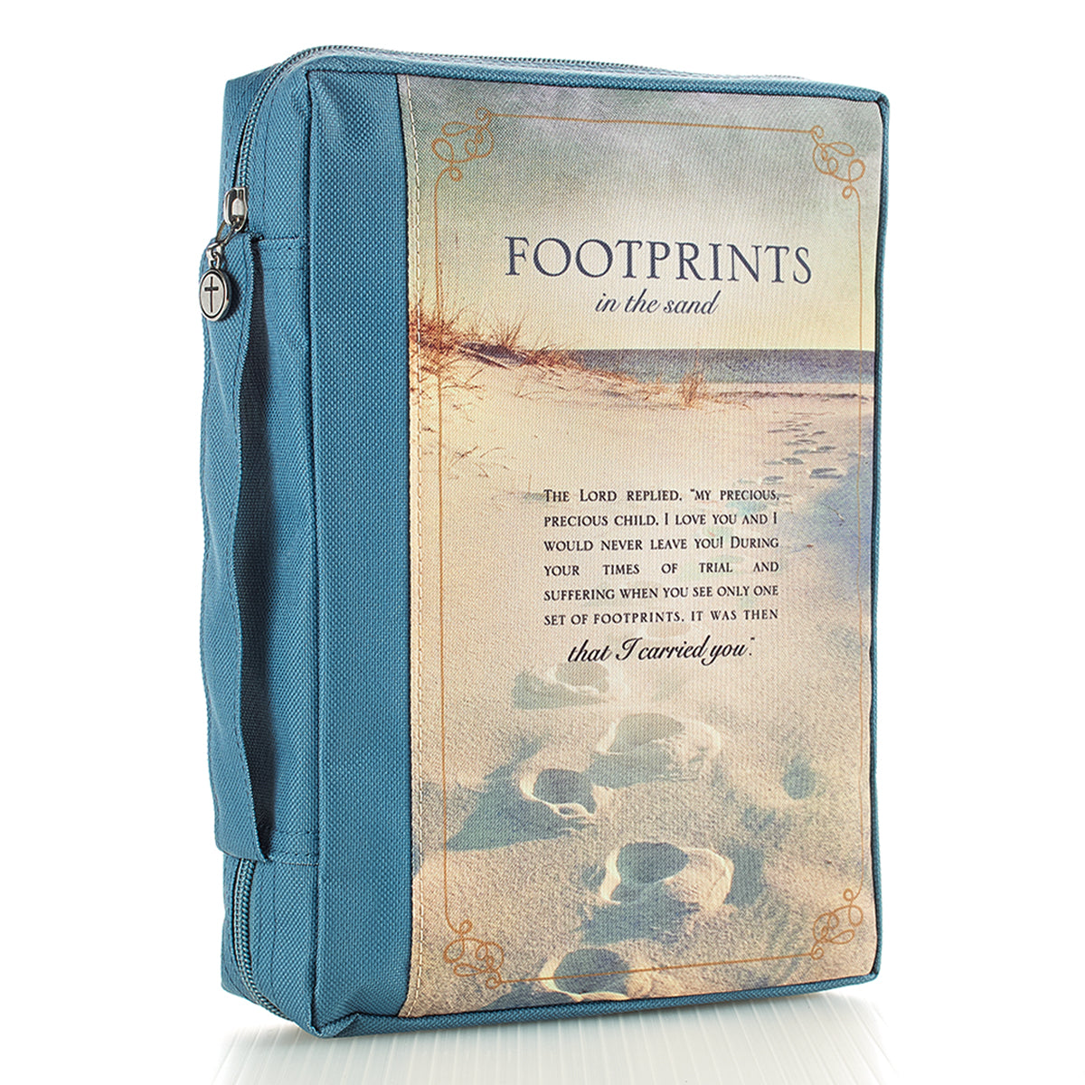 Bible Cover Polyester Large: Footprints in the Sand, Navy/Picture