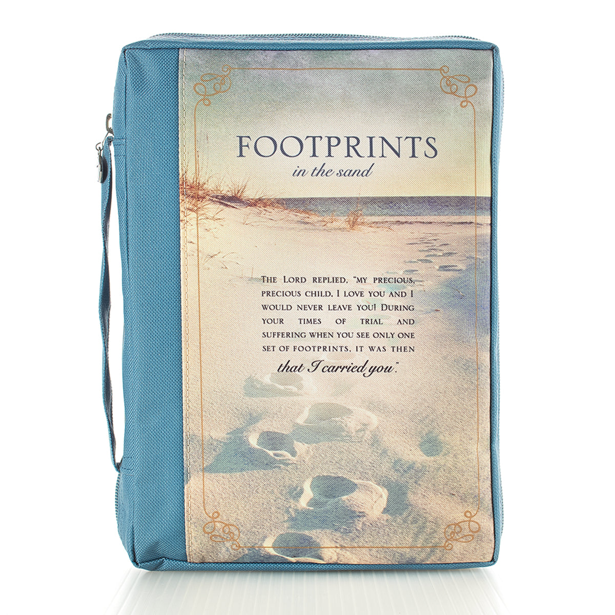 Bible Cover Polyester Medium: Footprints in the Sand/ Navy/Picture