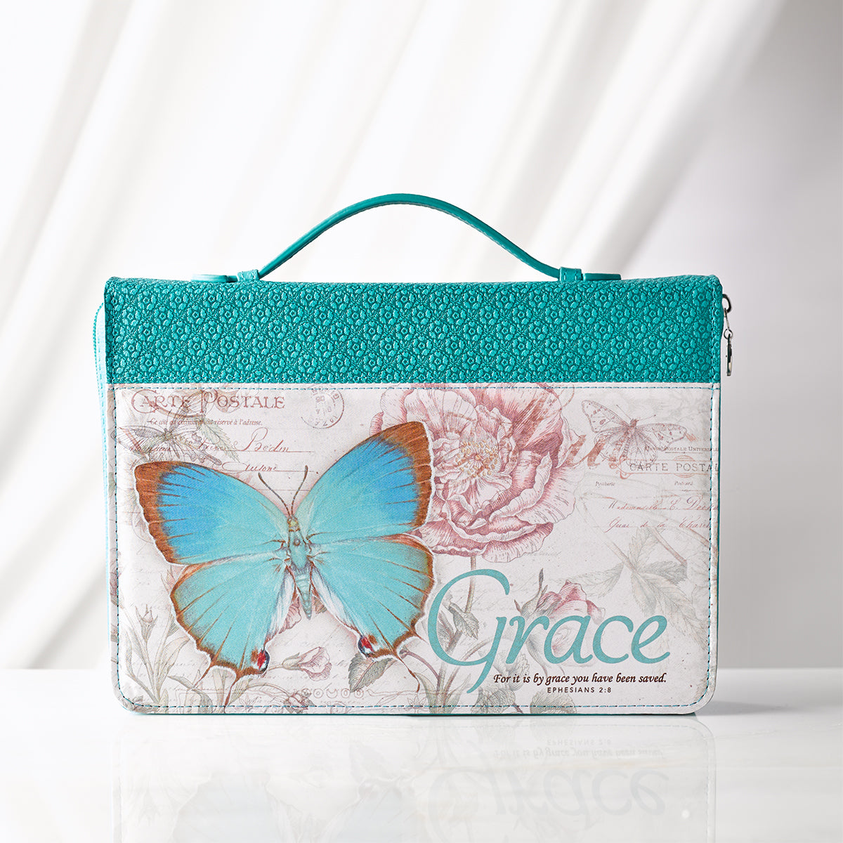 Bible Cover Large: Grace Eph. 2:8 Butterfly Blue/Green Fashion Trendy Luxleather