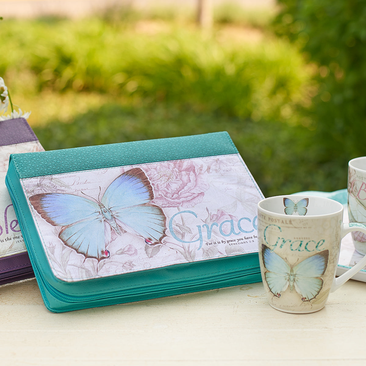 Bible Cover Large: Grace Eph. 2:8 Butterfly Blue/Green Fashion Trendy Luxleather