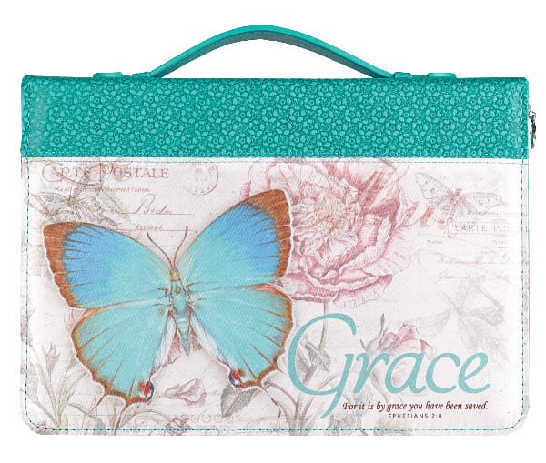 Bible Cover Medium: Grace Eph. 2:8 Butterfly Teal Luxleather