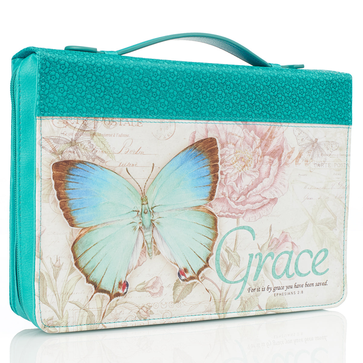 Bible Cover Medium: Grace Eph. 2:8 Butterfly Teal Luxleather