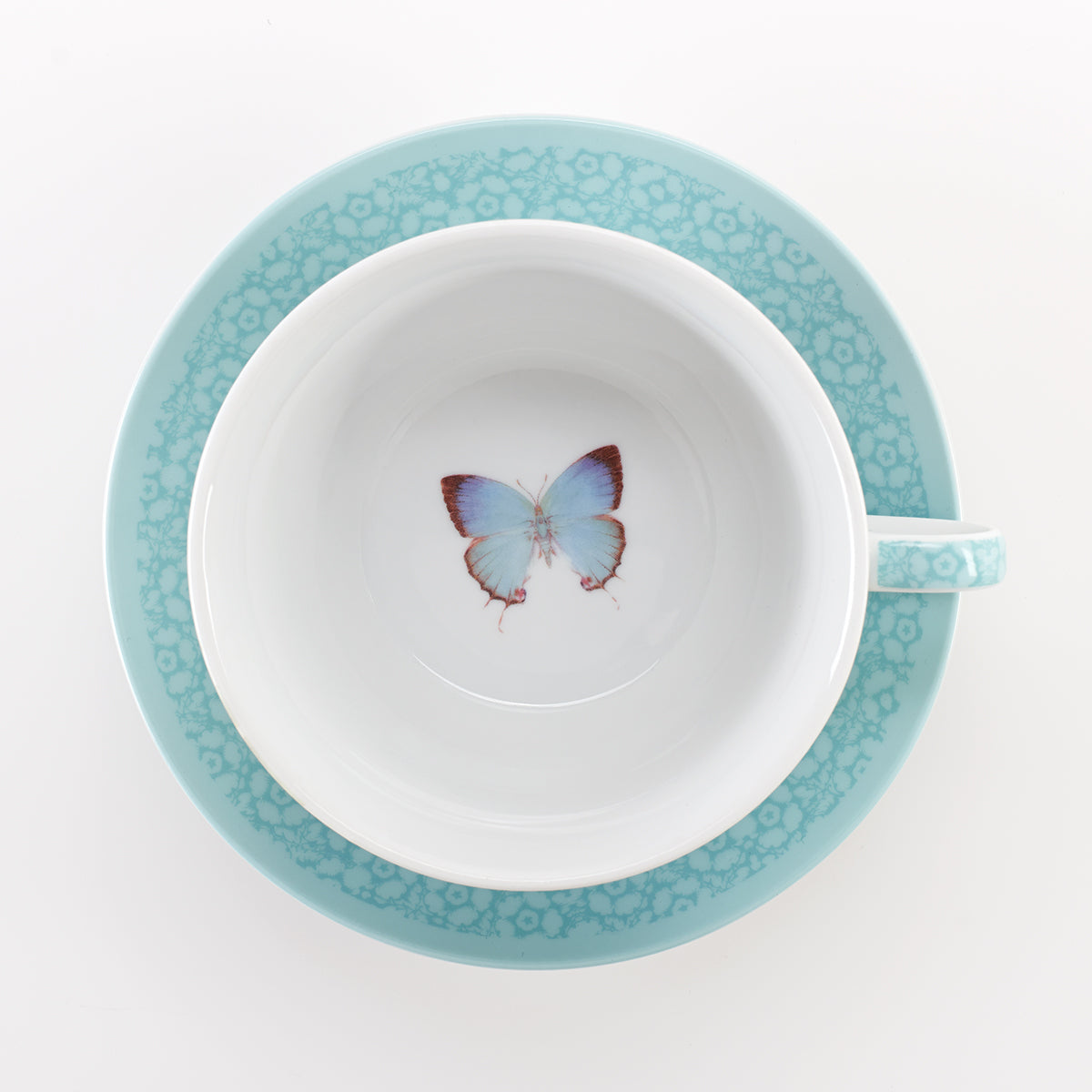 Ceramic Tea For One Set: Grace, Blue Butterfly, White/Teal (Pot 414 ml, Cup 237 ml, Saucer)