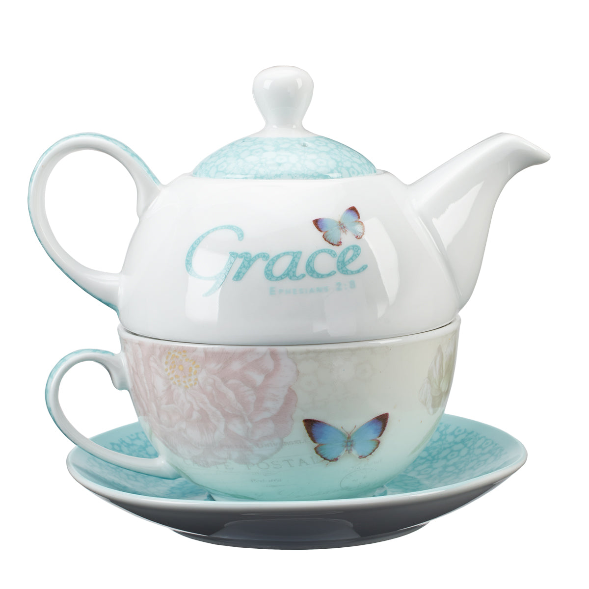 Ceramic Tea For One Set: Grace, Blue Butterfly, White/Teal (Pot 414 ml, Cup 237 ml, Saucer)