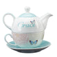 Ceramic Tea For One Set: Grace, Blue Butterfly, White/Teal (Pot 414 ml, Cup 237 ml, Saucer)