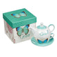 Ceramic Tea For One Set: Grace, Blue Butterfly, White/Teal (Pot 414 ml, Cup 237 ml, Saucer)