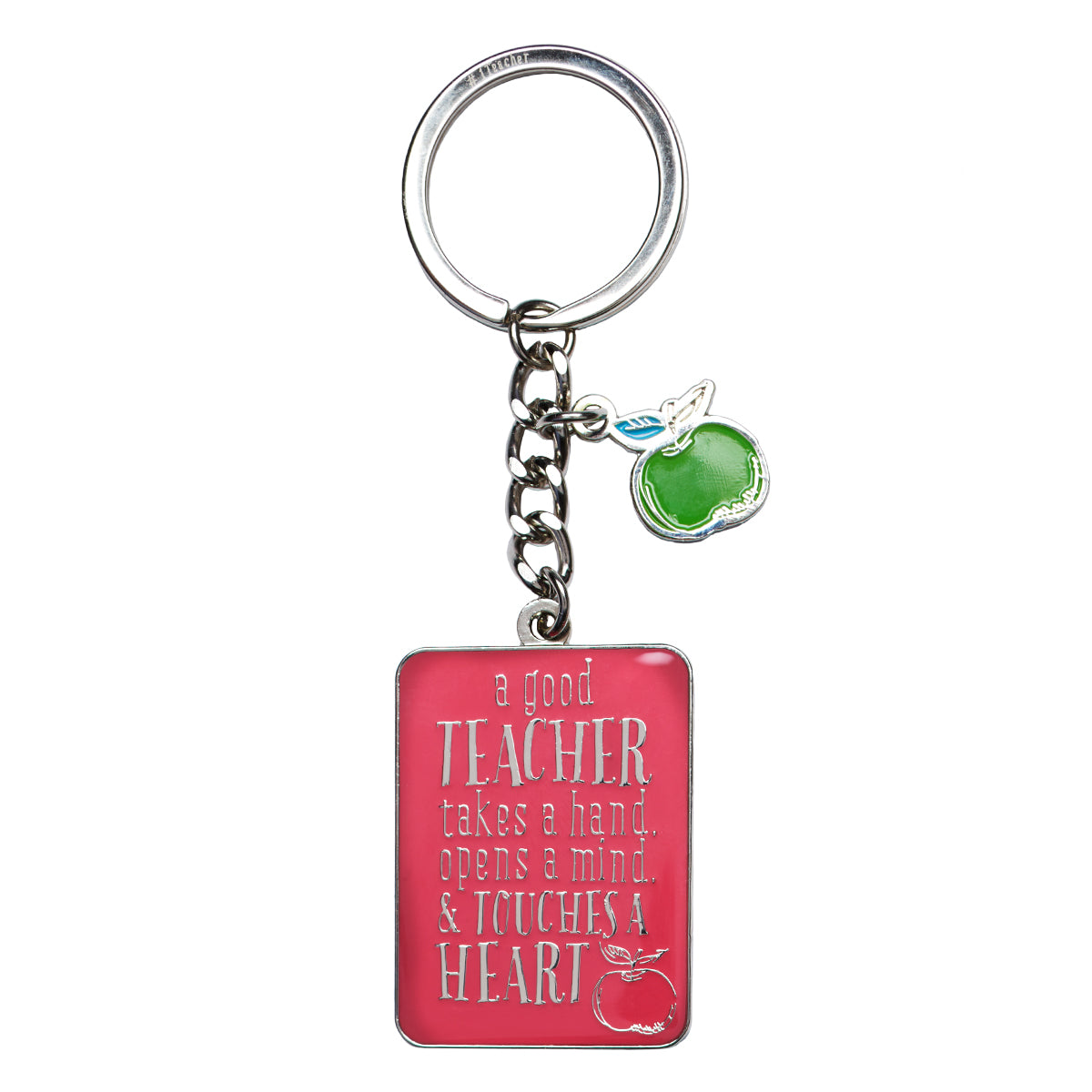 Metal Keyring in Tin: Teacher, Pink/Green Apple (1 Cor 16:14)