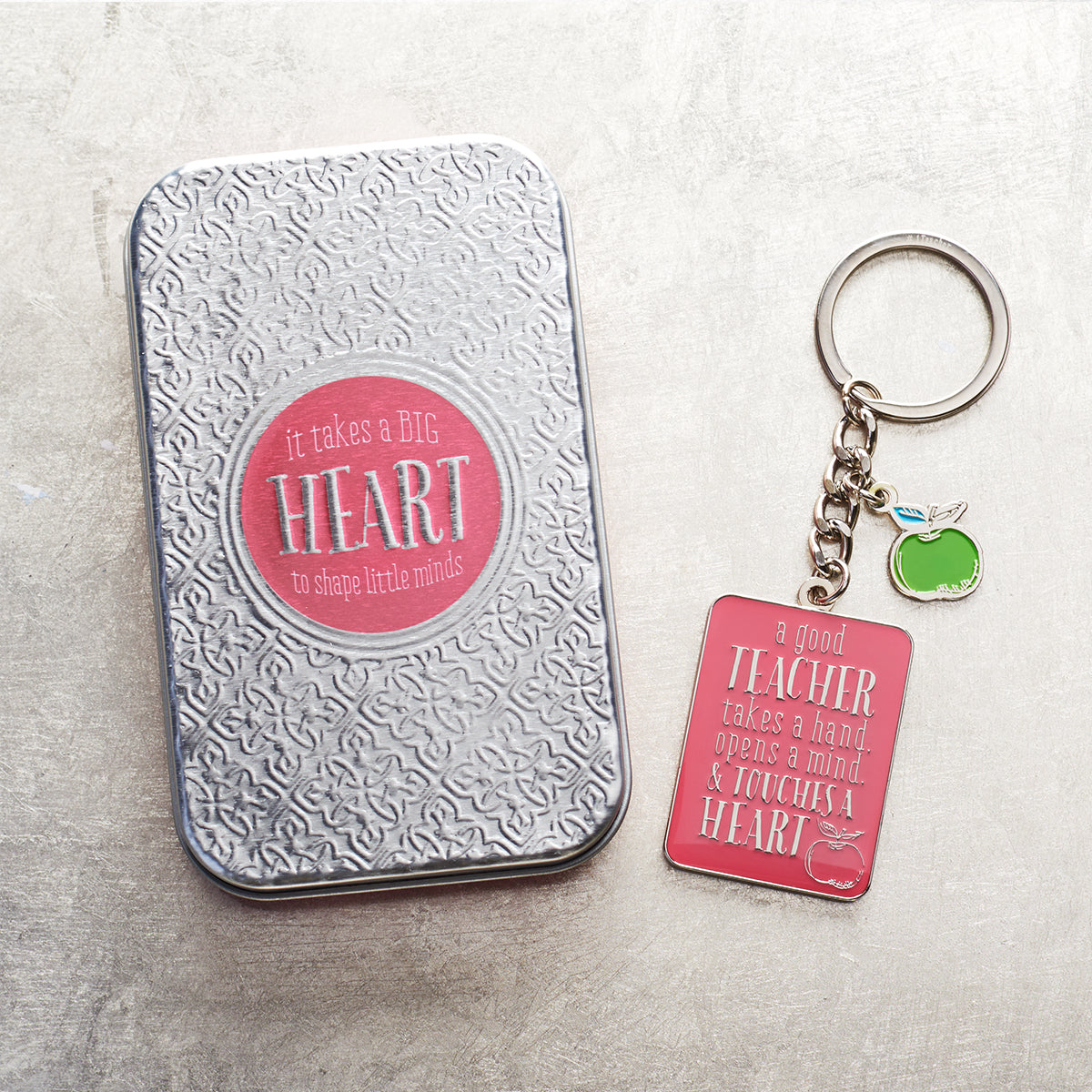 Metal Keyring in Tin: Teacher, Pink/Green Apple (1 Cor 16:14)