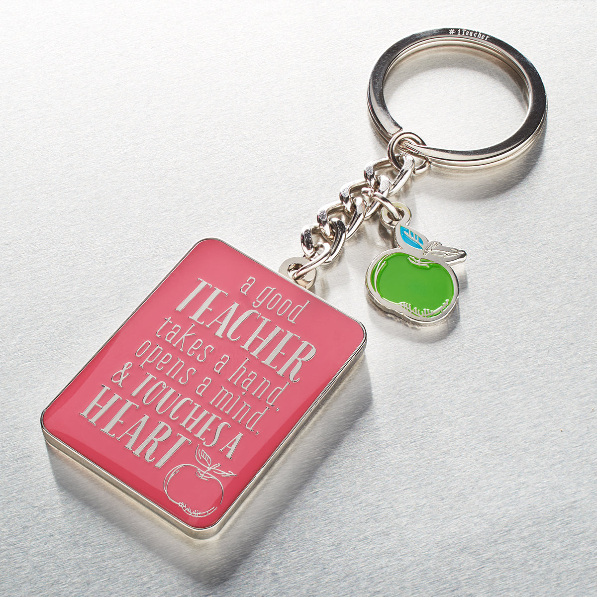 Metal Keyring in Tin: Teacher, Pink/Green Apple (1 Cor 16:14)