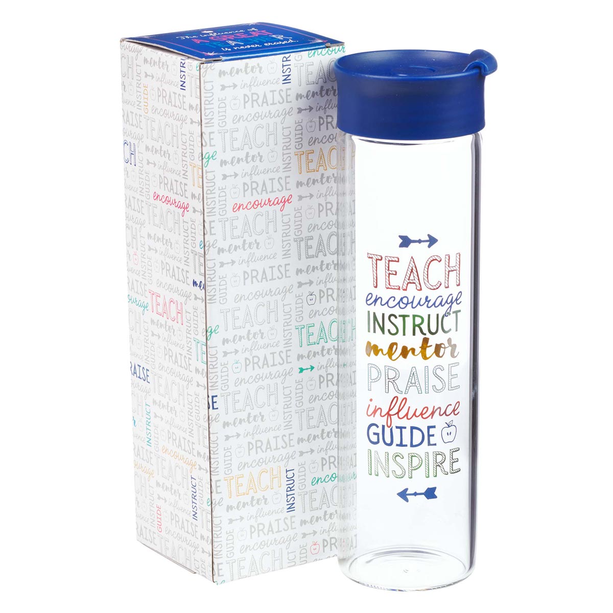 Water Bottle, Clear Glass (591 ml): Teach, Encourage, Instruct, Blue Lid, Hand Wash, Gift Boxed (A Great Teacher Collection)