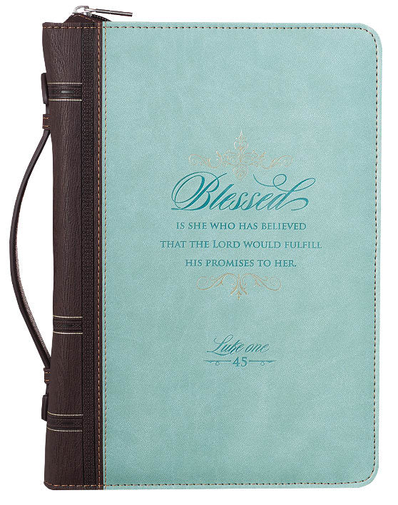 Bible Cover Blessed is She Luke 1: 45 Large Turquoise/Brown