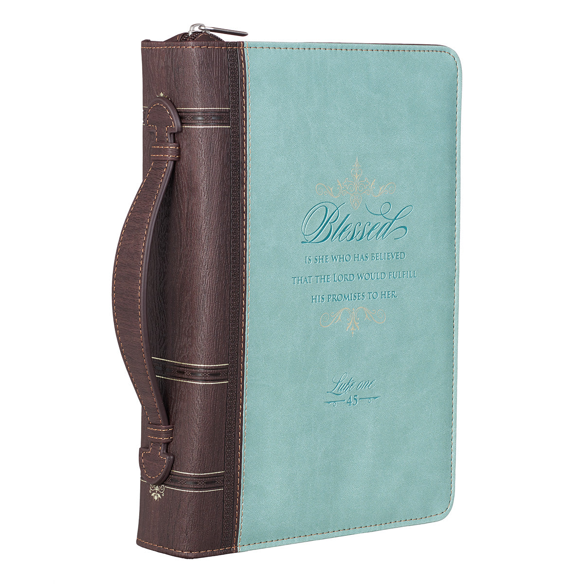 Bible Cover Blessed is She Luke 1: 45 Large Turquoise/Brown