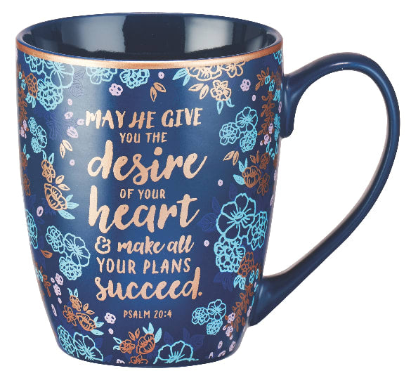 Ceramic Mug: May He Give You the Desire of Your Heart (Psalm 20:4) Navy/Floral (355ml)