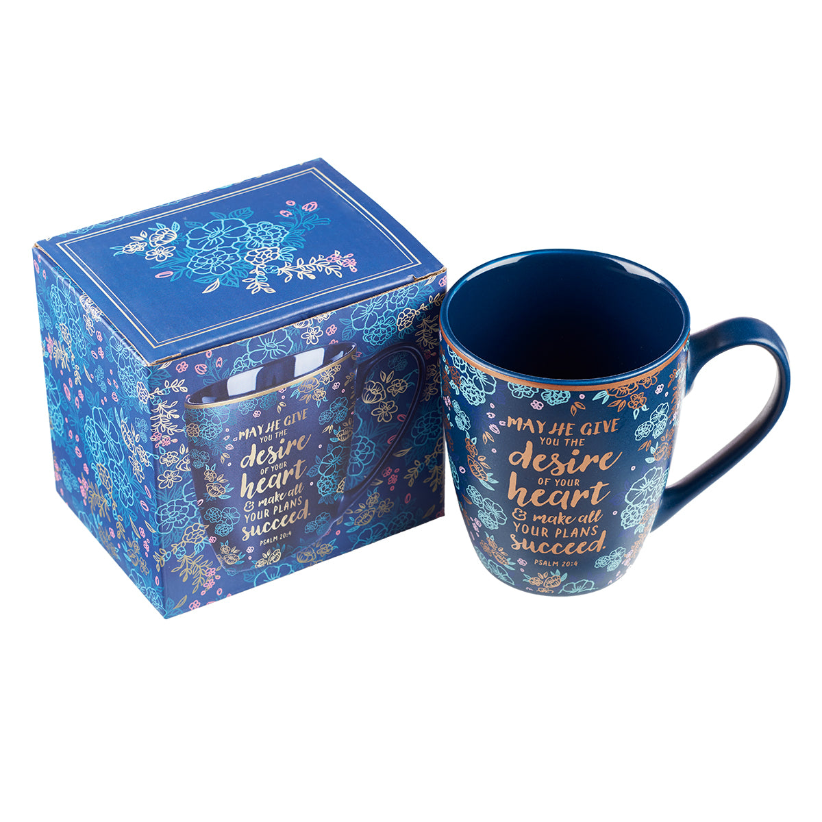 Ceramic Mug: May He Give You the Desire of Your Heart (Psalm 20:4) Navy/Floral (355ml)
