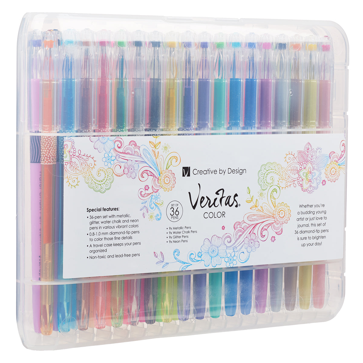 Veritas Gel Pen Set of 36Pc Assortment: 9x Metallic Pens, 9x Glitter Pens, 9x Water Chalk Pens, 9x Neon Pens