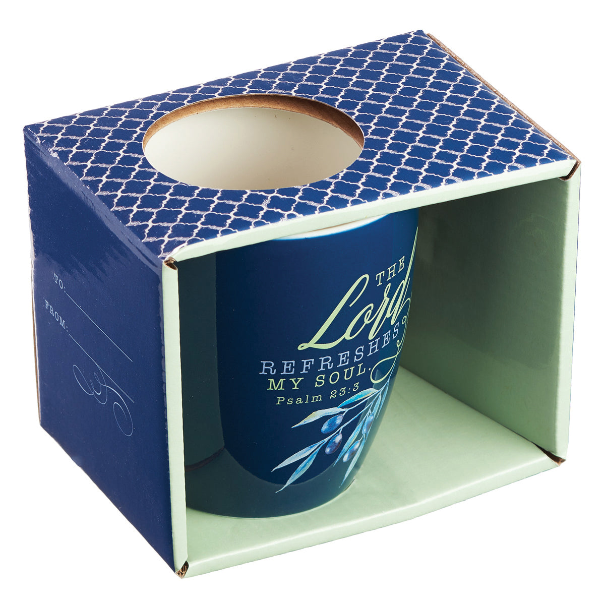 Ceramic Mug: The Lord Refreshes the Soul (Psalm 23:3) Navy Olive Branch (384ml)