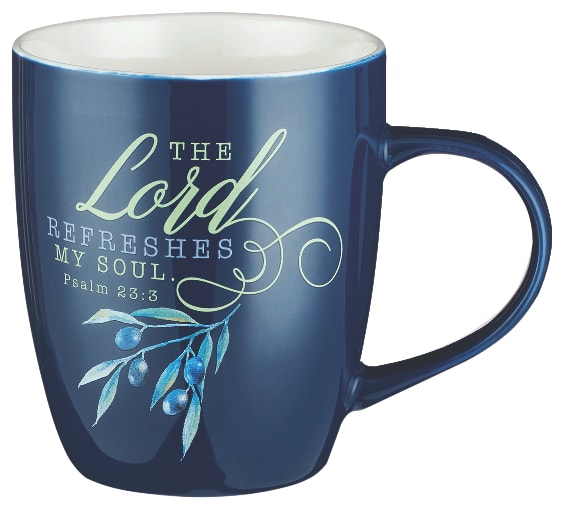 Ceramic Mug: The Lord Refreshes the Soul (Psalm 23:3) Navy Olive Branch (384ml)