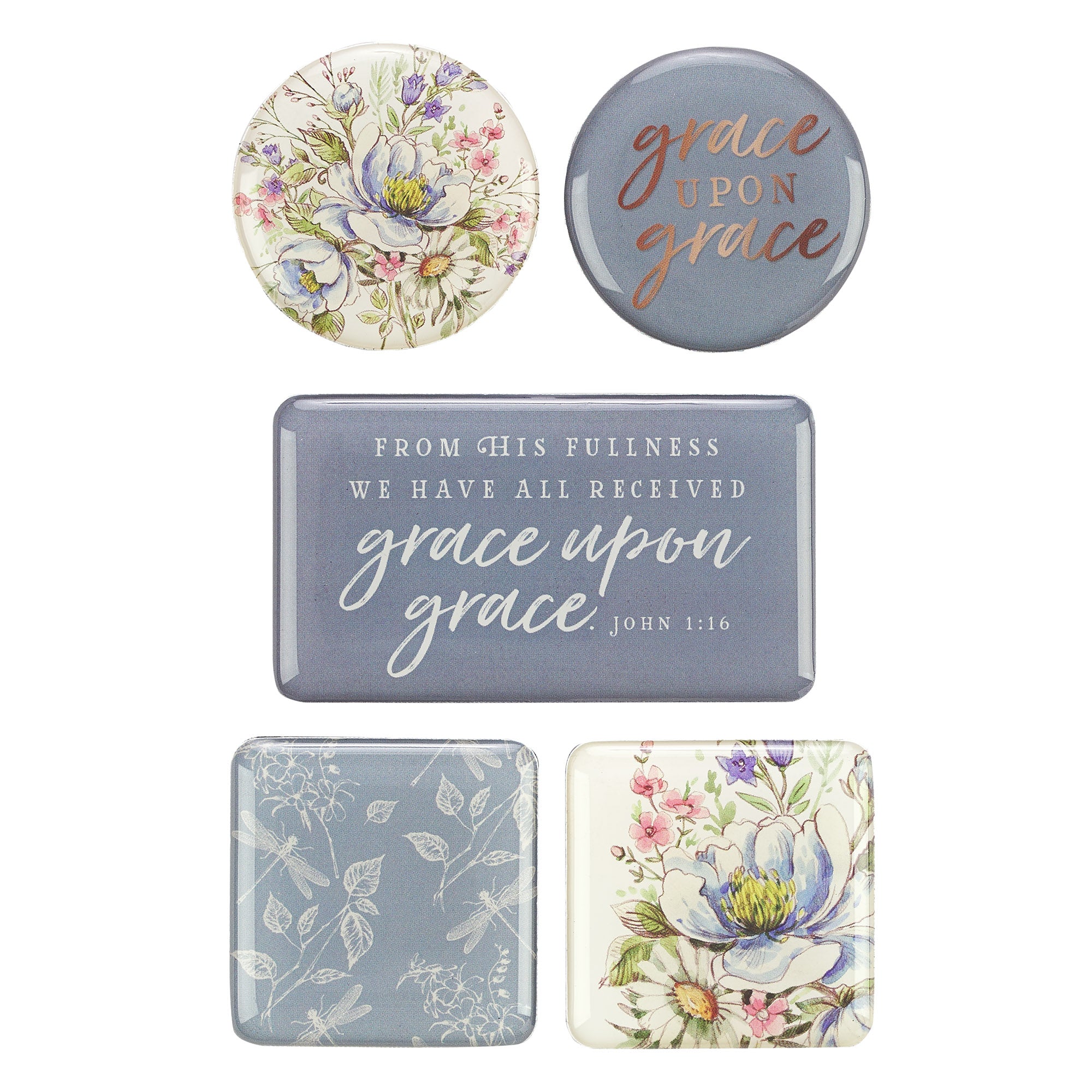Magnetic Set of 5 Magnets: Grace Upon Grace, Grey/Floral