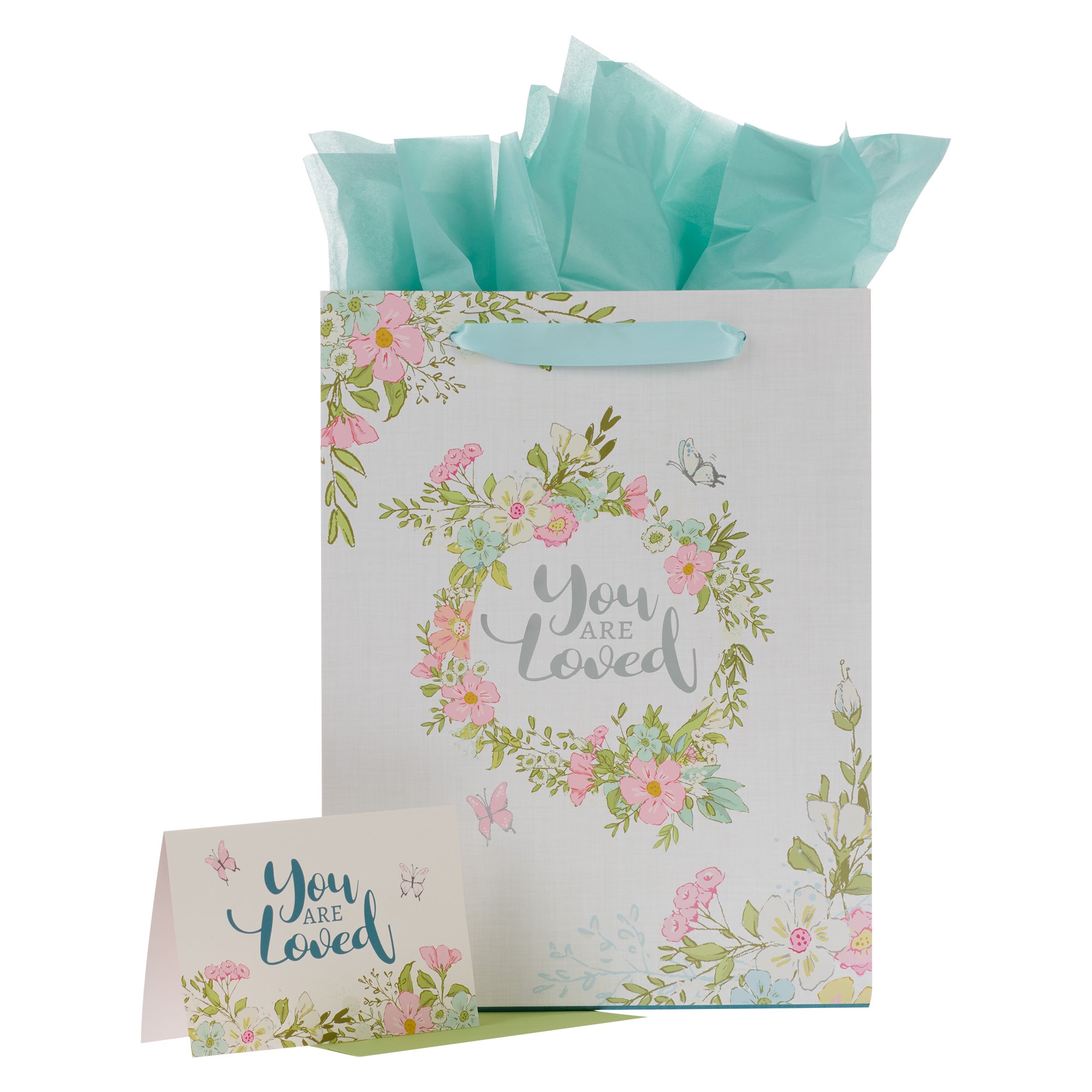 Gift Bag Large Portrait: You Are Loved, Floral Wreath White/Pink/Blue