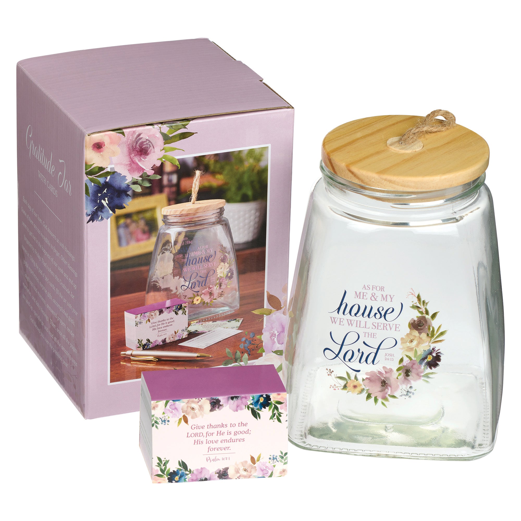 Gratitude Jar With Cards: As For Me & My House We Will Serve the Lord Glass With Bamboo Lid (Joshua 24:15)