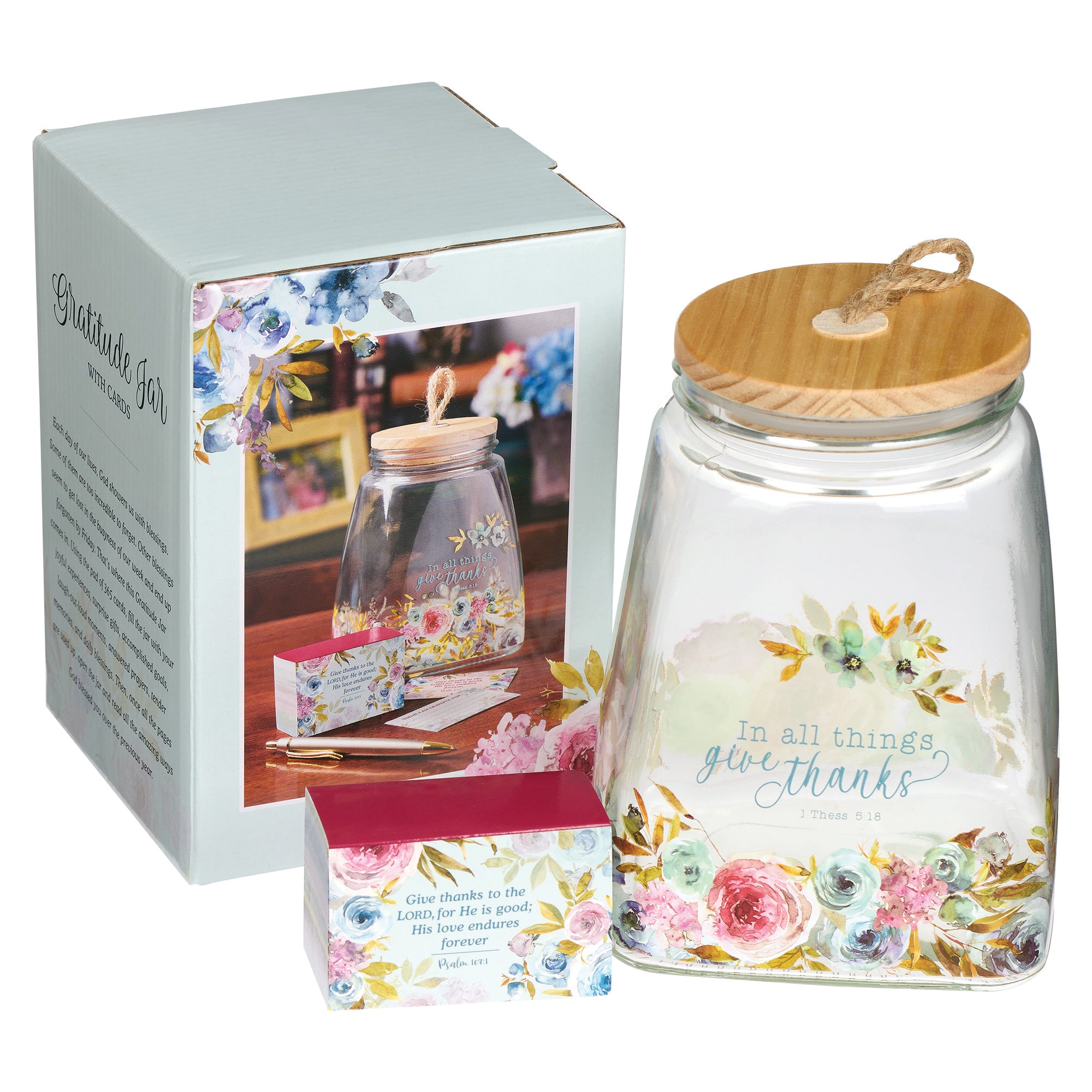 Gratitude Jar With Cards: In All Things Give Thanks Glass With Bamboo Lid (1 Thess 5:16)