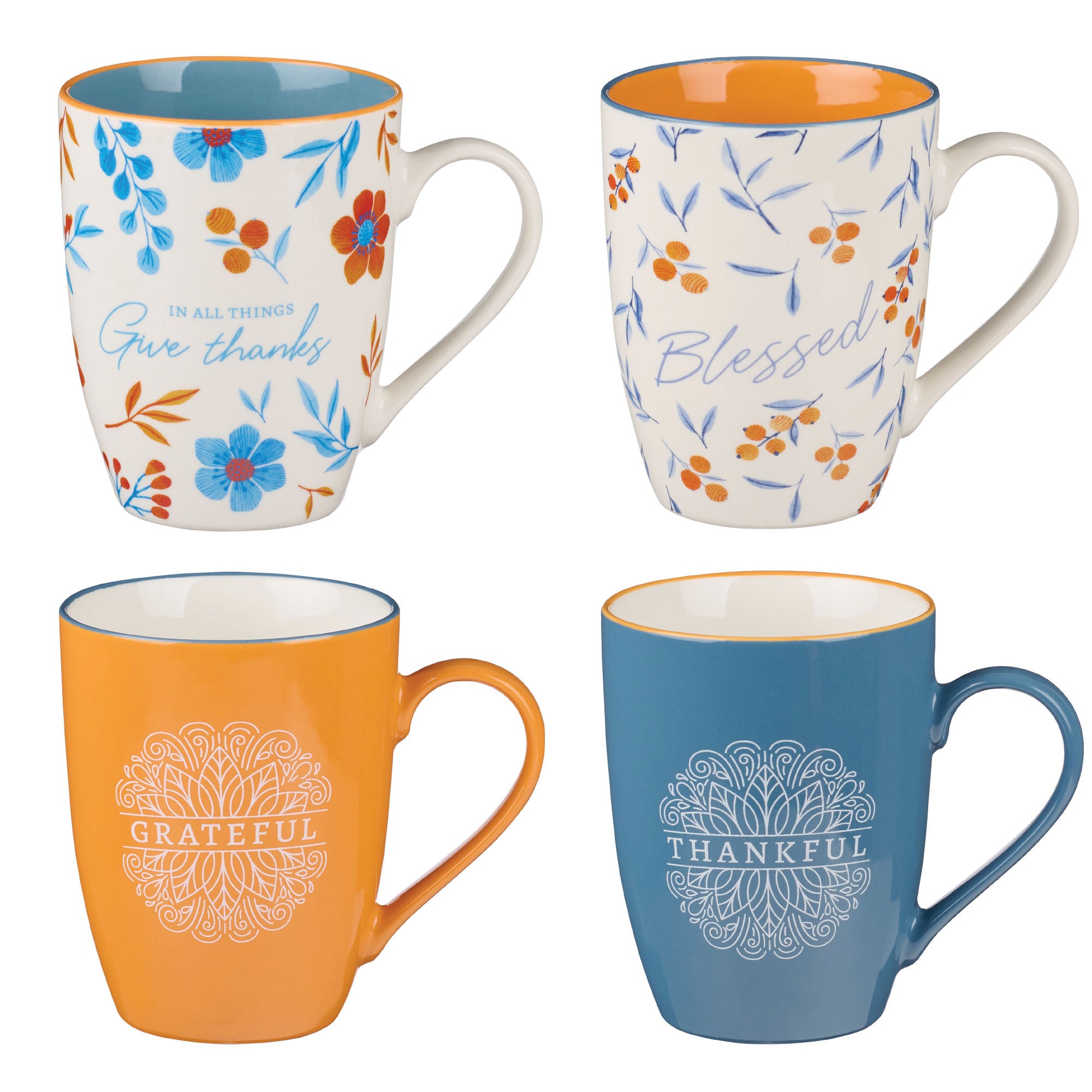 Ceramic Mugs (Set Of 4) 355ml: Give Thanks, Blessed, Thankful, Grateful