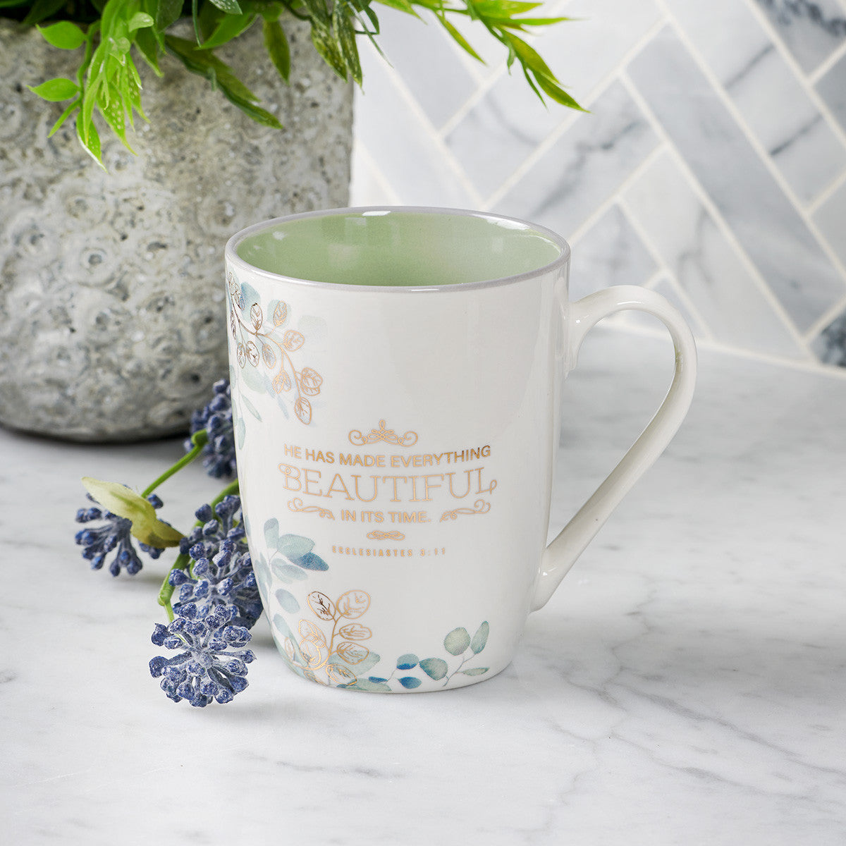 Ceramic Mug: Beautiful in Its Time (Ecc. 3:11) Blue Floral, Light Green Inside (355ml)
