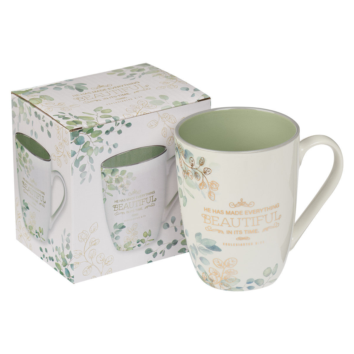 Ceramic Mug: Beautiful in Its Time (Ecc. 3:11) Blue Floral, Light Green Inside (355ml)