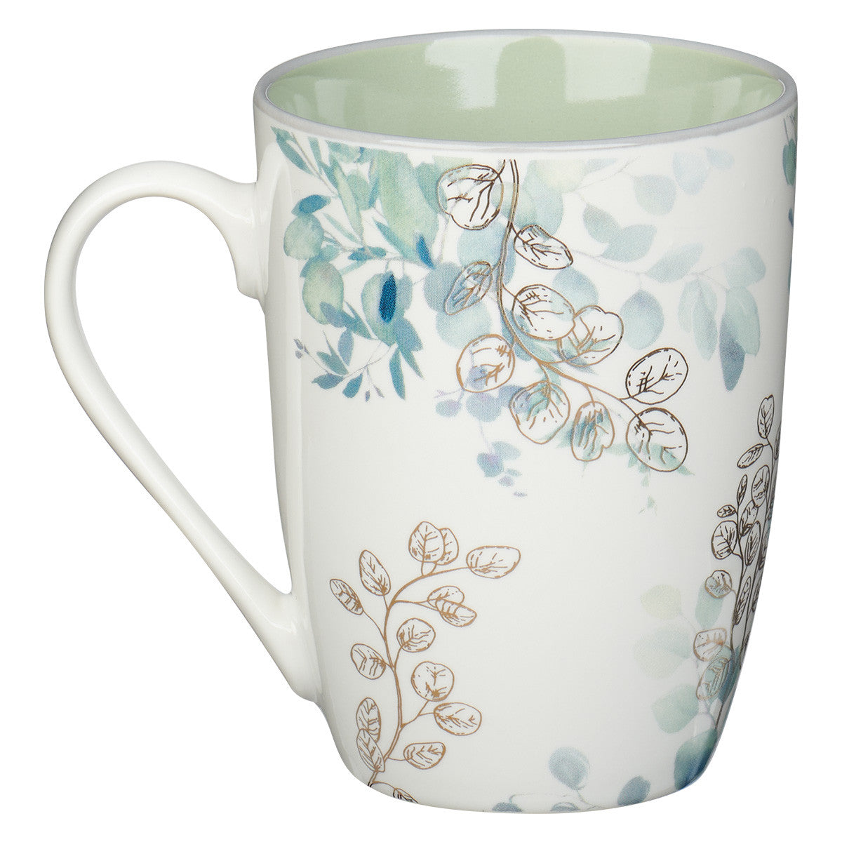 Ceramic Mug: Beautiful in Its Time (Ecc. 3:11) Blue Floral, Light Green Inside (355ml)