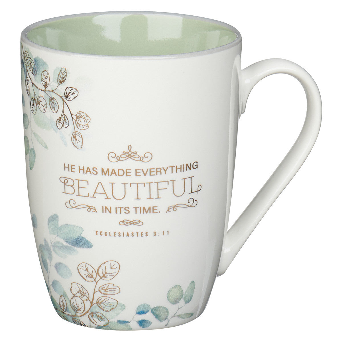 Ceramic Mug: Beautiful in Its Time (Ecc. 3:11) Blue Floral, Light Green Inside (355ml)