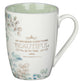 Ceramic Mug: Beautiful in Its Time (Ecc. 3:11) Blue Floral, Light Green Inside (355ml)