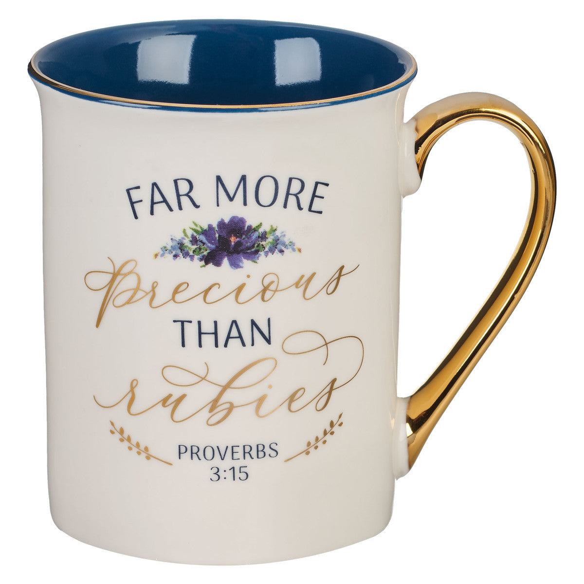 Ceramic Mug: Far More Precious Than Rubies, Proverbs 3:15, Navy Interior, Foil Accents (355 Ml)