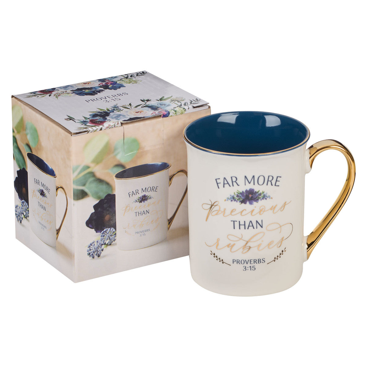 Ceramic Mug: Far More Precious Than Rubies, Proverbs 3:15, Navy Interior, Foil Accents (355 Ml)