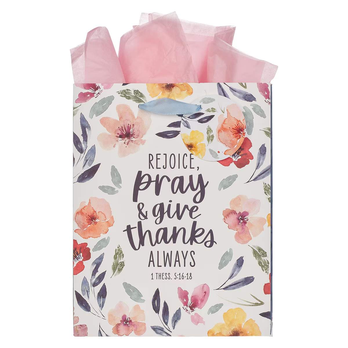 Gift Bag Medium: Rejoice, Pray & Give Thanks Always (1 Thess. 5: 16-18) White/Pink (Grateful Garden Collection)
