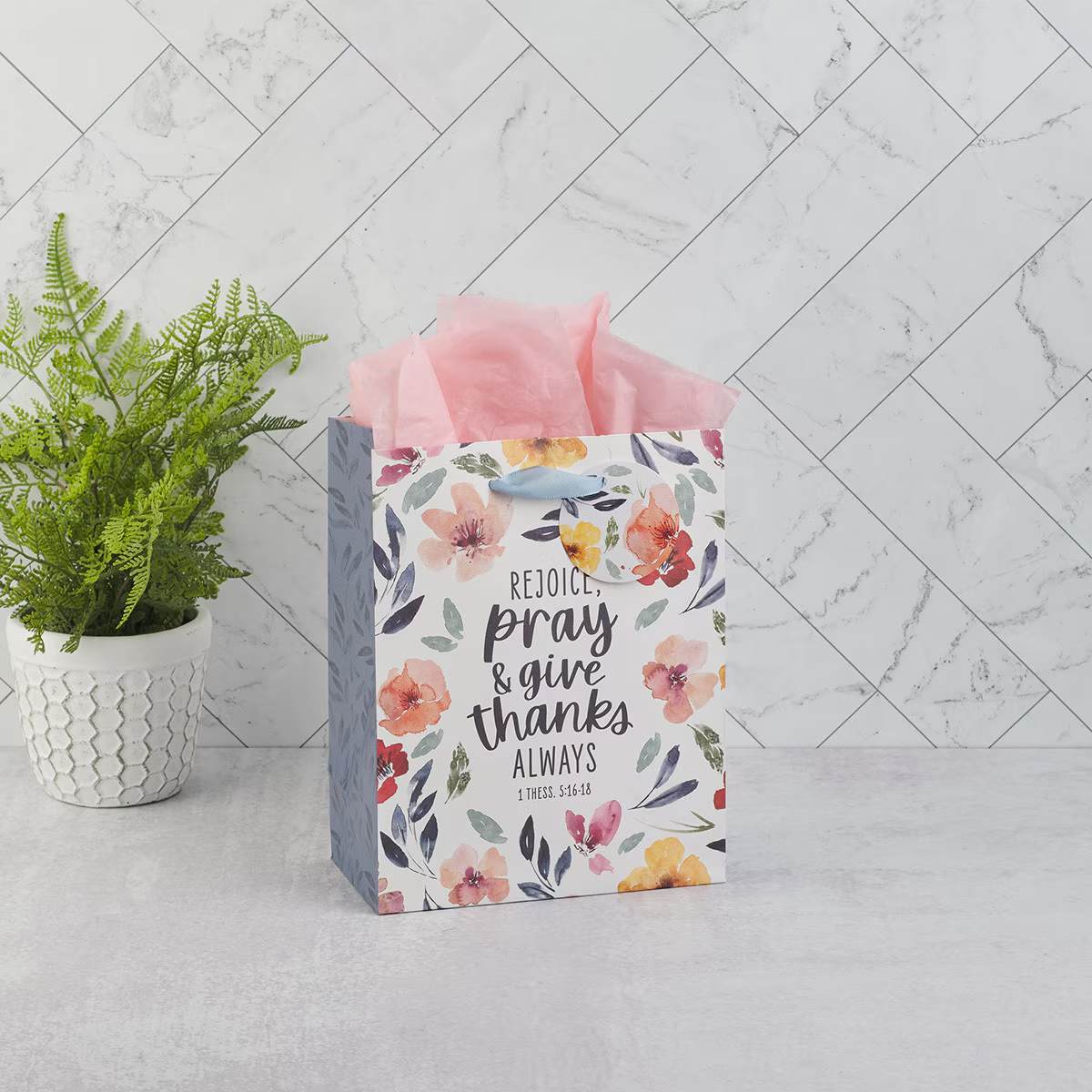Gift Bag Medium: Rejoice, Pray & Give Thanks Always (1 Thess. 5: 16-18) White/Pink (Grateful Garden Collection)