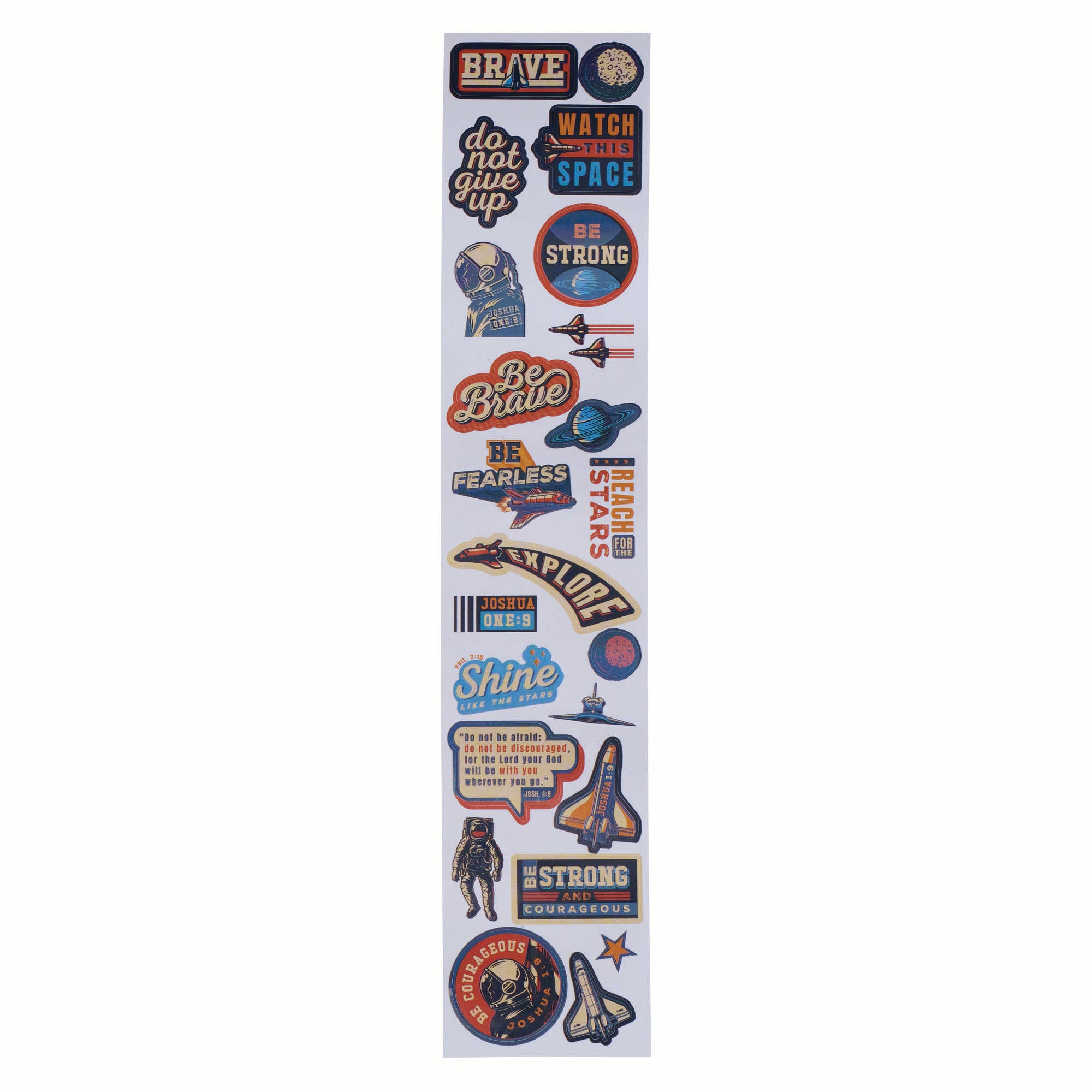 Sticker Roll: Be Strong & Courageous, Joshua 1:9 (Be Brave, Space Collection) 200+ mini stickers
