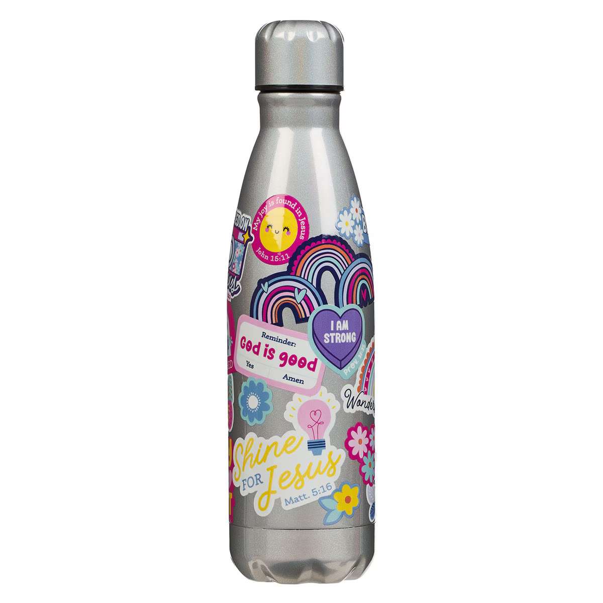 Water Bottle, Stainless Steel (503 ml): Shine for Jesus, Matt. 5:16, Silver (Stickers for Girls Collection)