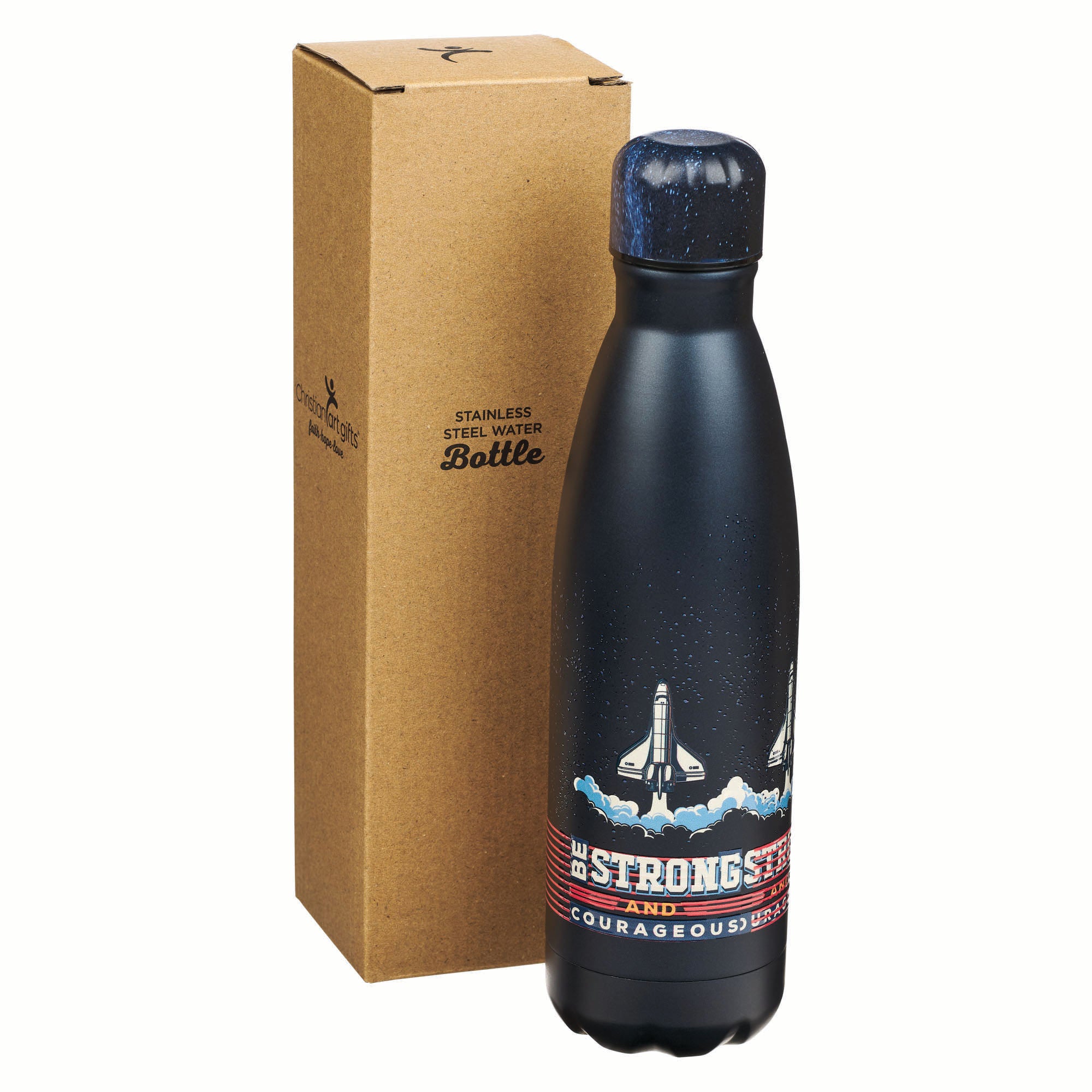 Water Bottle, Stainless Steel (503 ml): Strong and Courageous, Josh. 1:9; Navy (Be Brave, Space Collection)