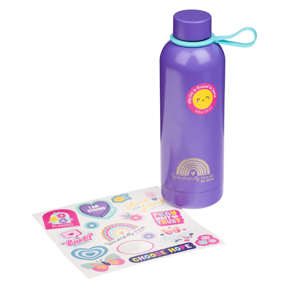 Water Bottle, Stainless Steel (503 ml): Wonderfully Made, Psalm 139:14, purple, includes 15+ sticker sheet, Shine for Jesus (Stickers for Girls Collection)