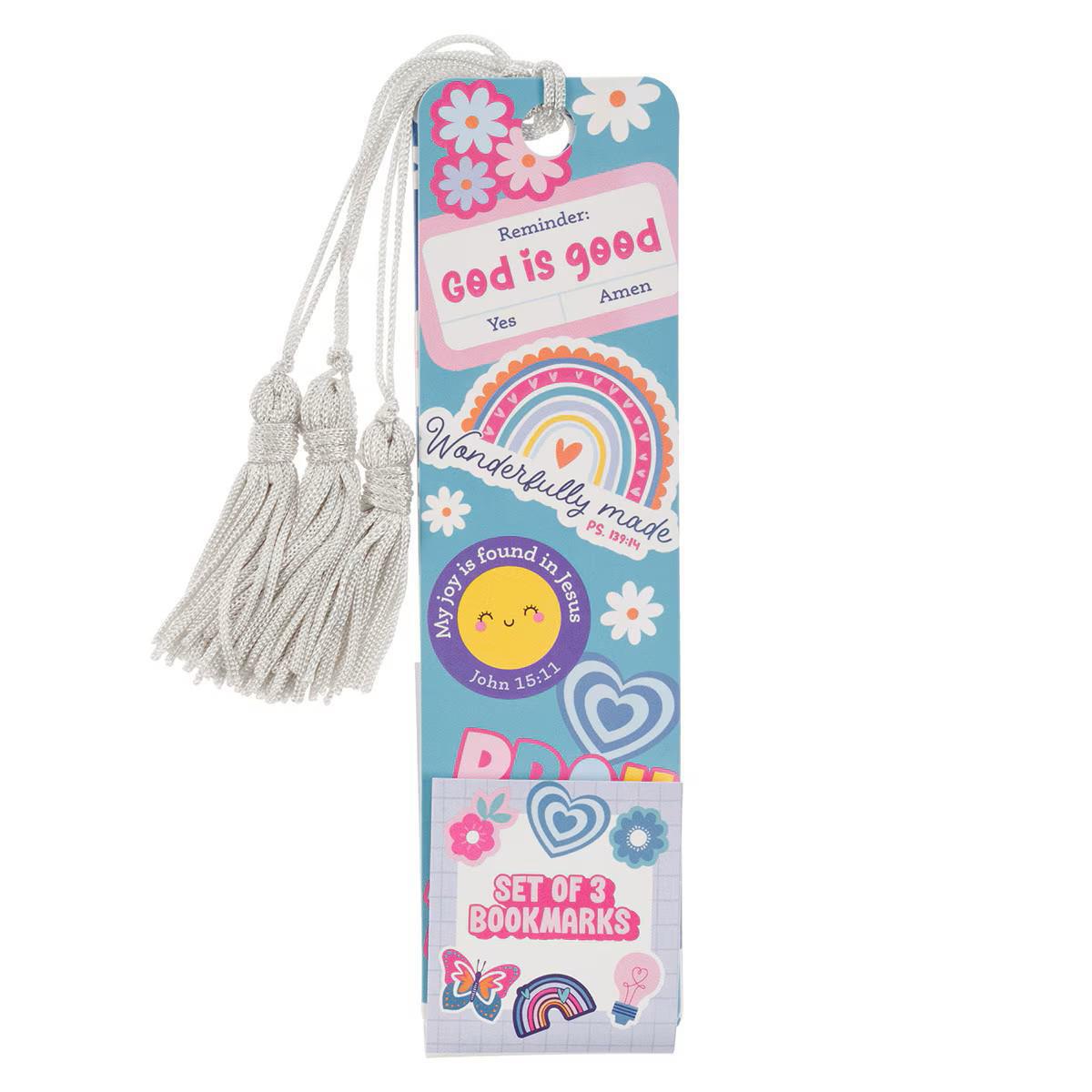 Tassel Bookmark (Set  of 3): I Am Strong (Prov. 31:25) Shine for Jesus  (Stickers for Girls Collection)