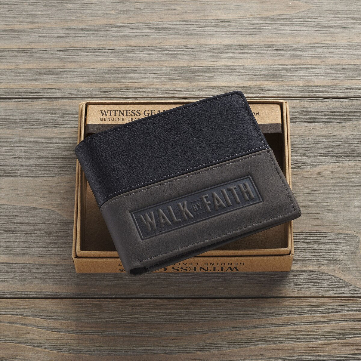 Wallet Leather: Walk by Faith (2 Cor. 5:7) Black/Gray, RFID blocking