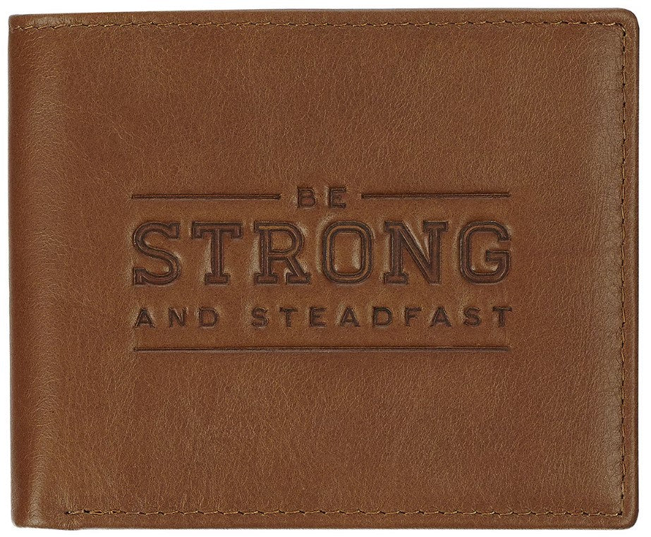 Wallet Leather: Be Strong and Steadfast (Deut. 31:6) Tan, RFID blocking