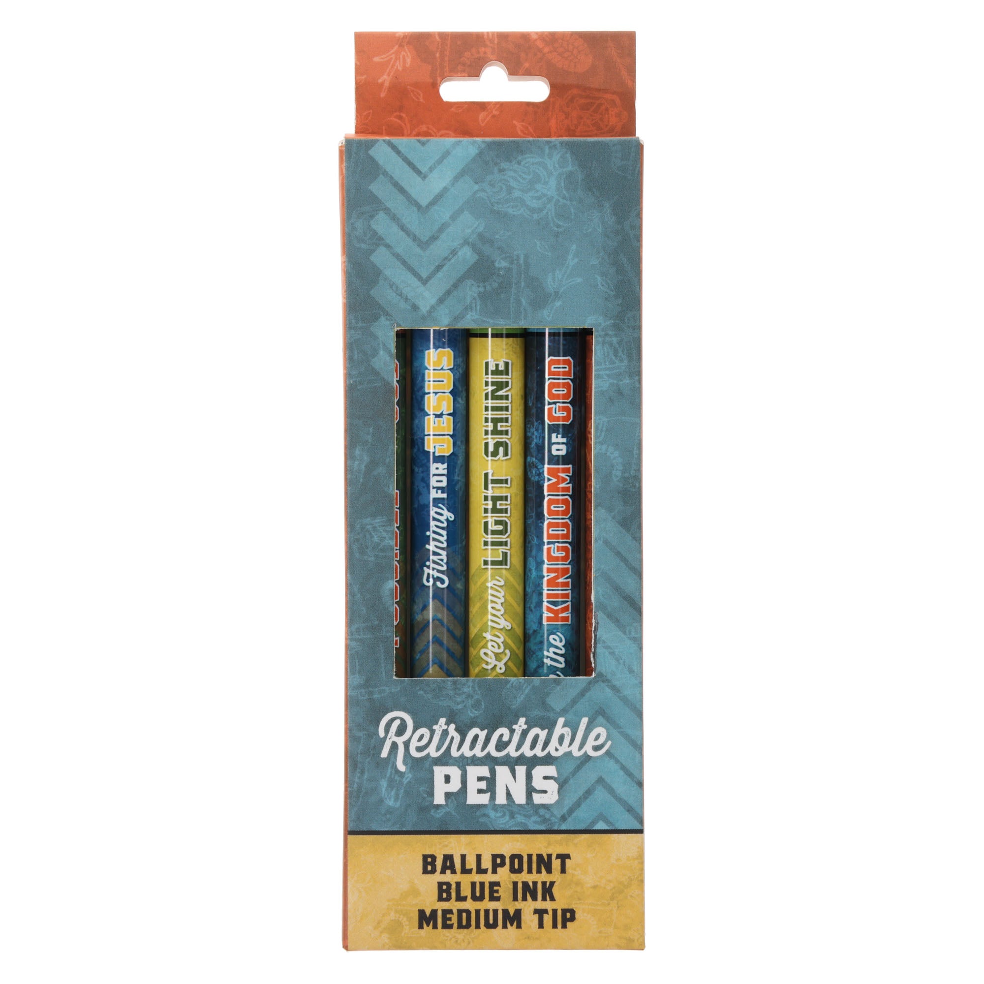Pens (5 pack, Retracable): Blue Ink, Ballpoint (Boy's Adventure with Jesus Blue Trail Collection)