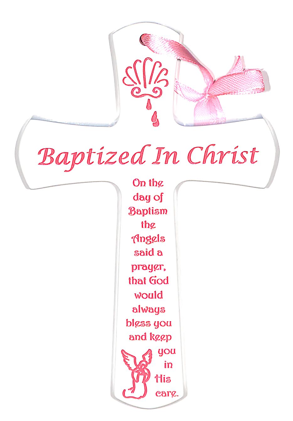 Baptism Cross: White With Pink Lettering and Ribbon (Mahogany)