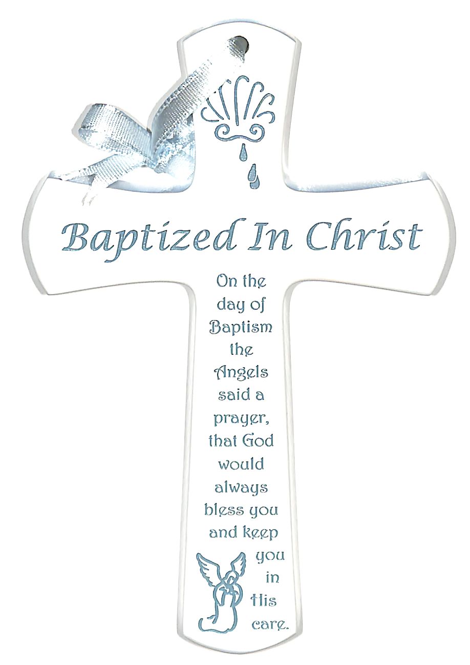 Baptism Cross: White With Blue Lettering and Ribbon (Mahogany)