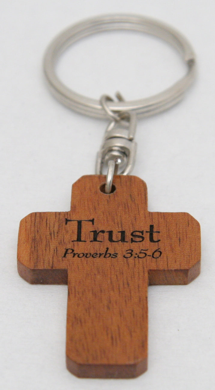 Cross Keyring: Trust, Proverbs 3:5-6 (Mahogany)
